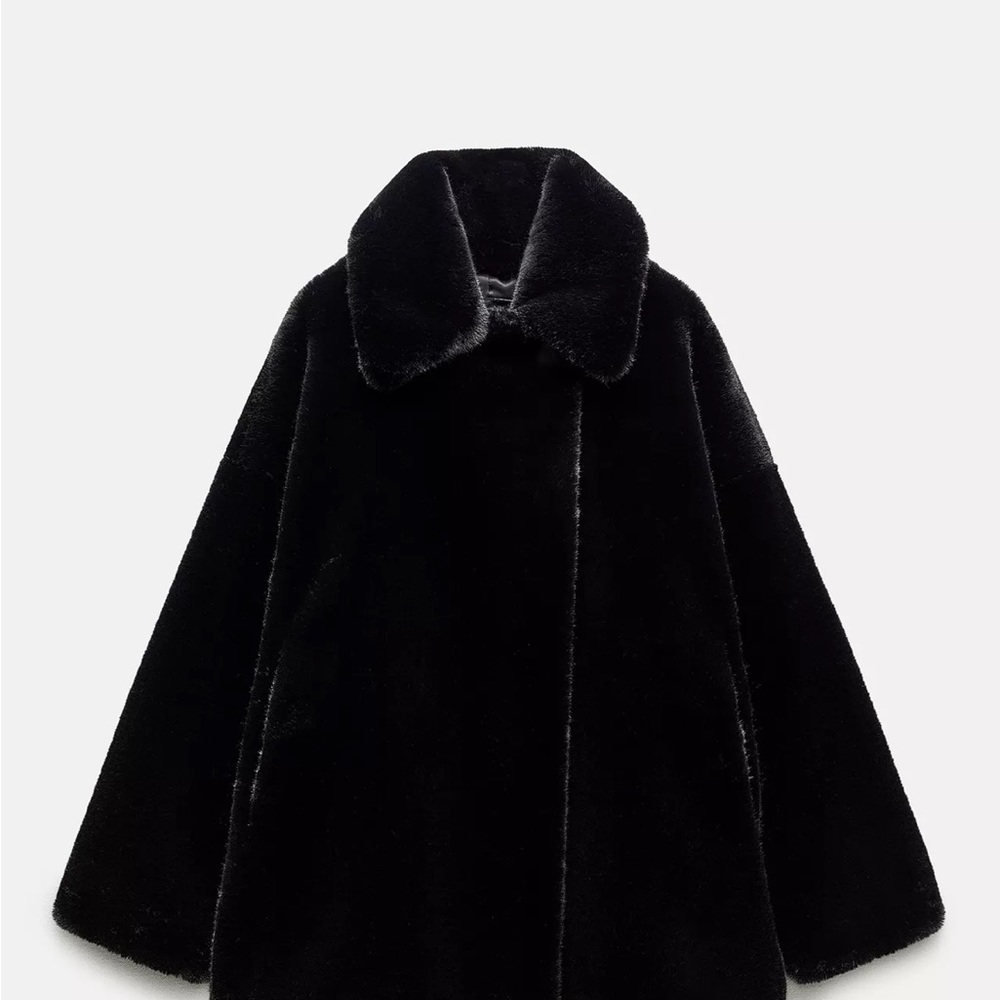 Zara Black Teddy Jacket Plush Oversized Collar